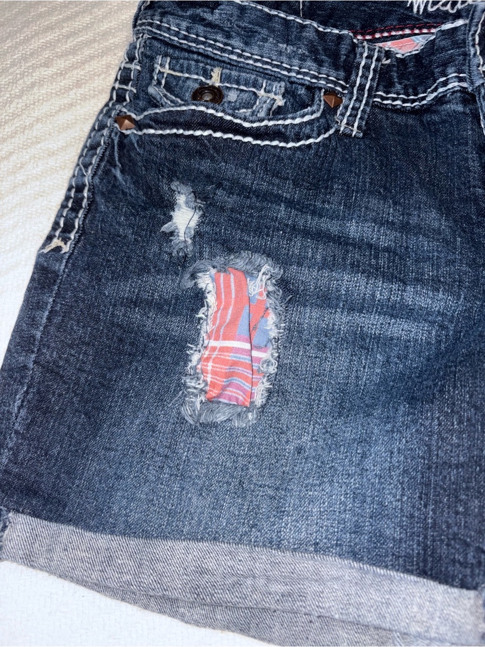 Maurices Y2K Originals High Contrast Low Rise Denim Destructed Patched Shorts - Picture 3 of 8